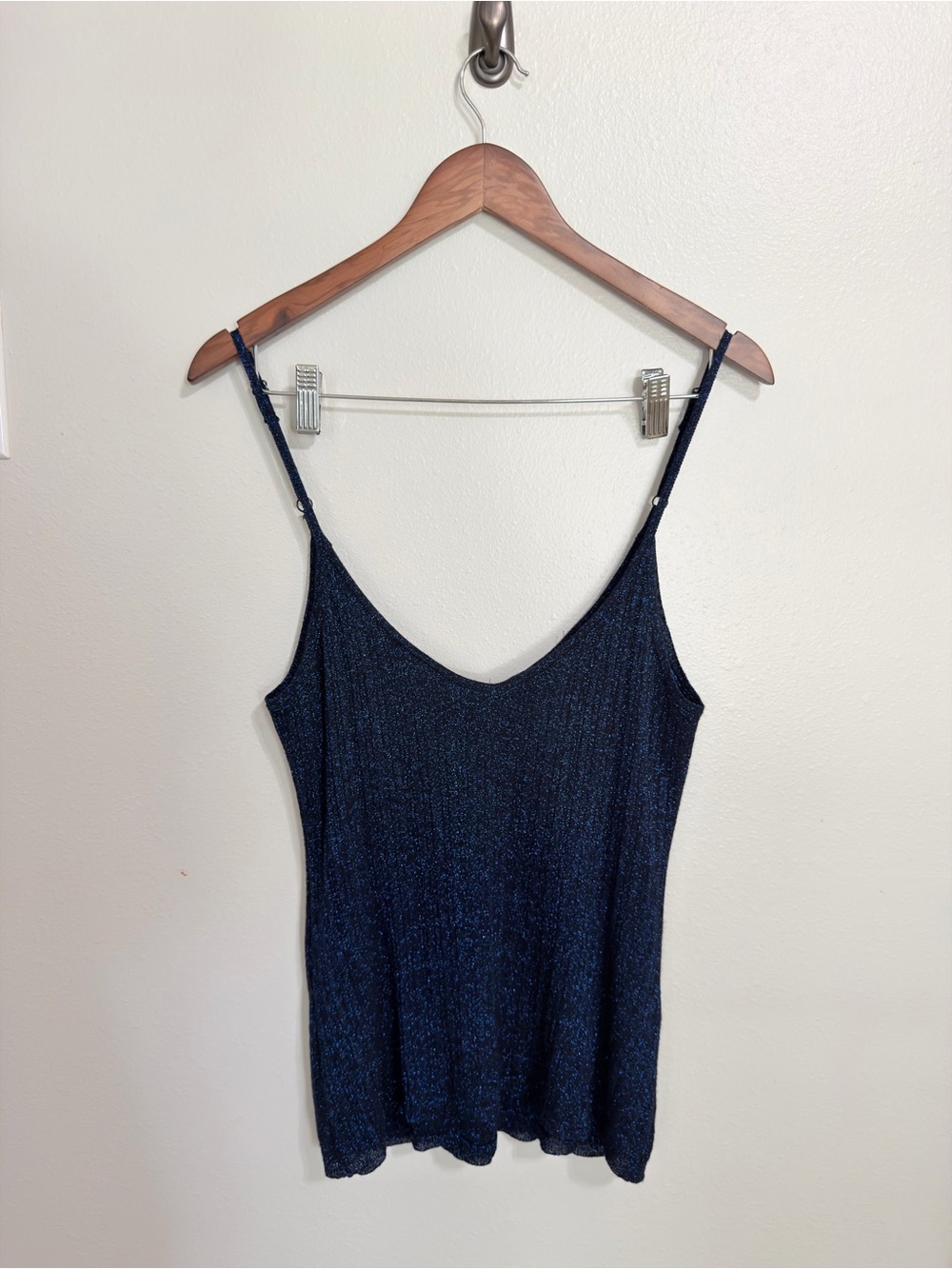 Navy Blue Shimmer Metallic Knit Cami Tank Top Glitter Spaghetti Strap V-Neck